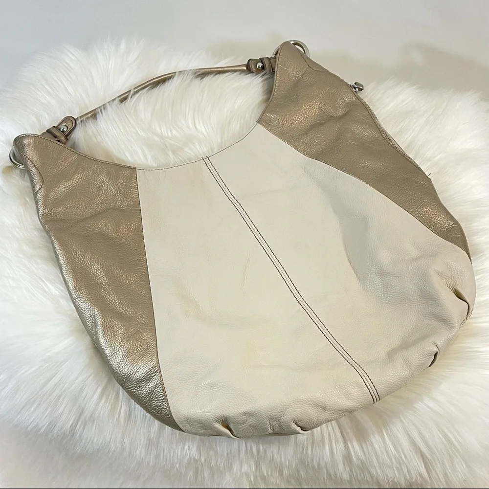 Leather Metallic Silver/Beige Hobo Shoulder Bag